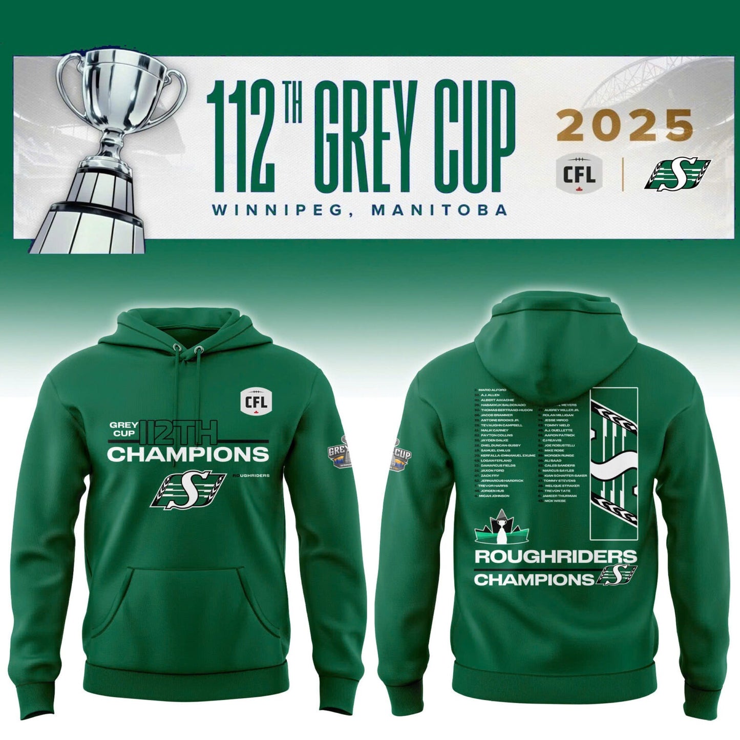 Limited Edition Roughriders 2025 Grey Cup Champions Hoodie-AB1711257013