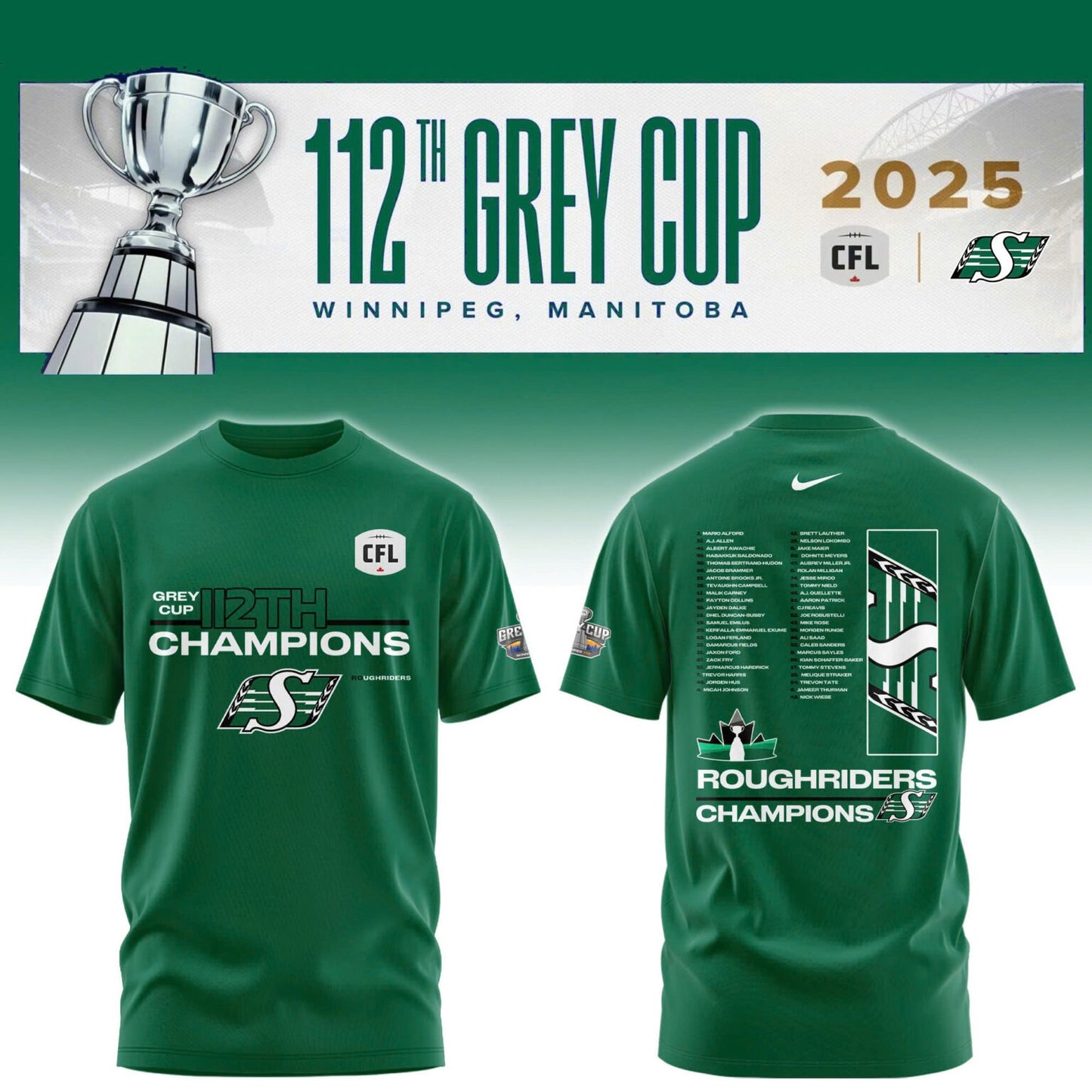 Limited Edition Roughriders 2025 Grey Cup Champions Shirt-AB1711257014