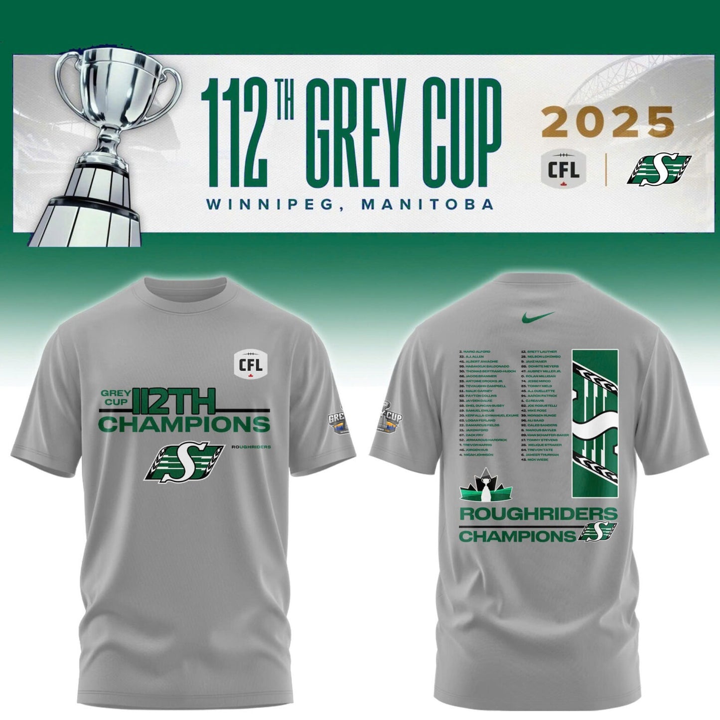 Limited Edition Roughriders 2025 Grey Cup Champions Shirt-AB1711257016