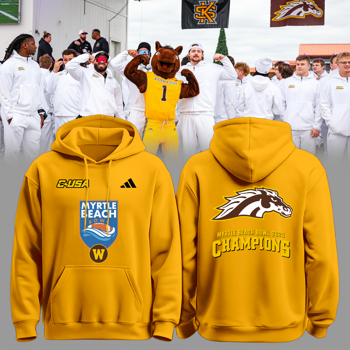 🏆MYRTLE BEACH BOWL CHAMPS! - Western Michigan Football Hoodie Champions - Yellow - All Cotton - Unisex