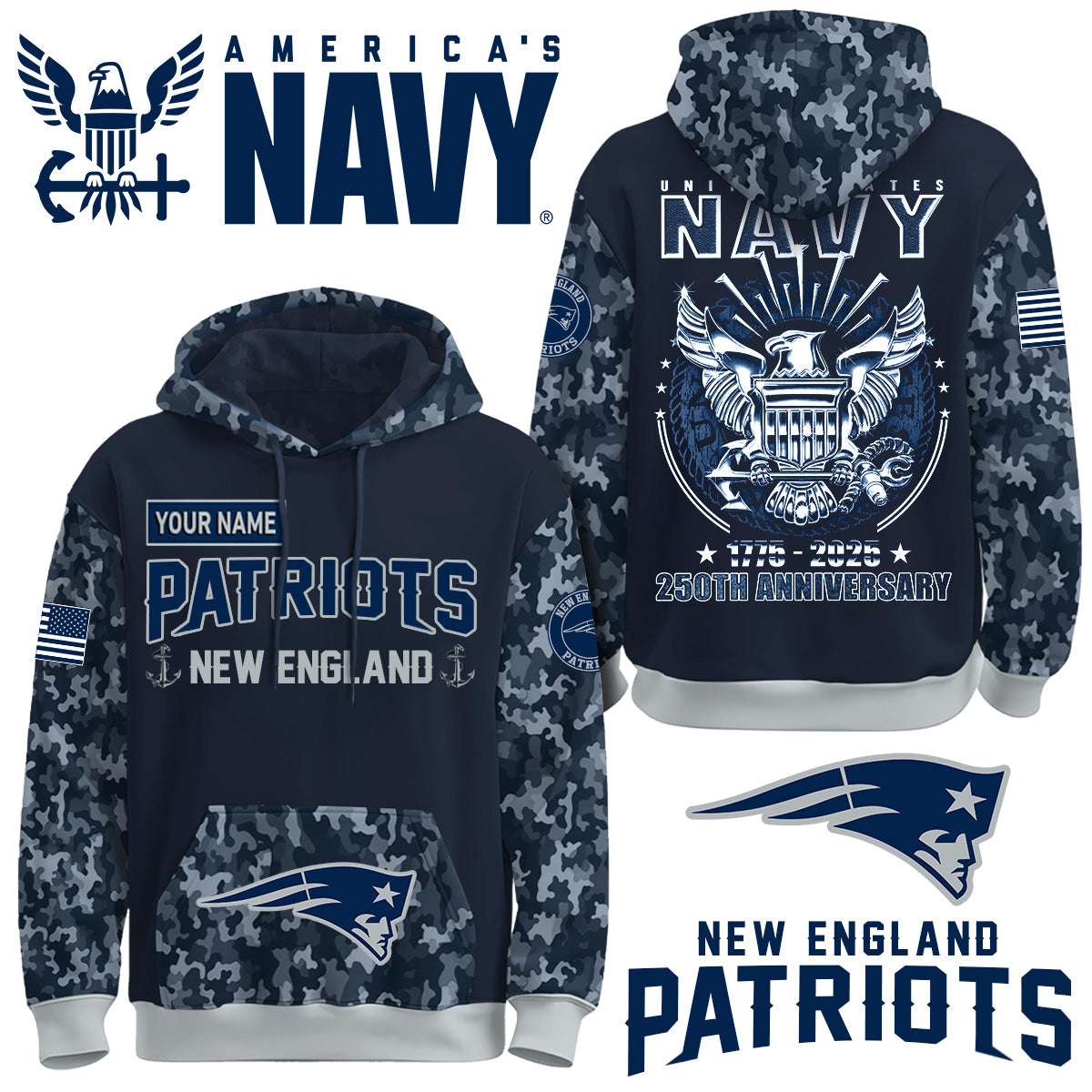 New England Patriots x U.S Navy 250th Birthday Anniversary-3D Unisex Hoodie
