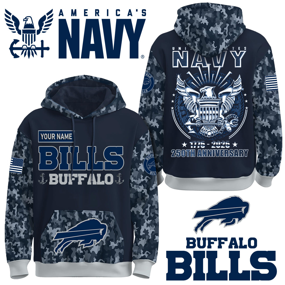 Buffalo Bills x U.S Navy 250th Birthday Anniversary-3D Unisex Hoodie