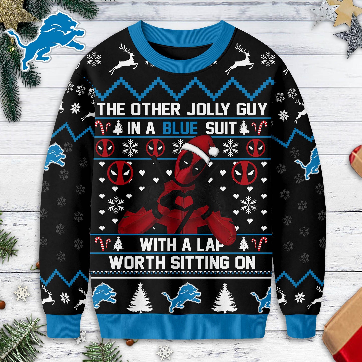 Detroit Lions | Premium Deadpool Christmas Ugly Sweater