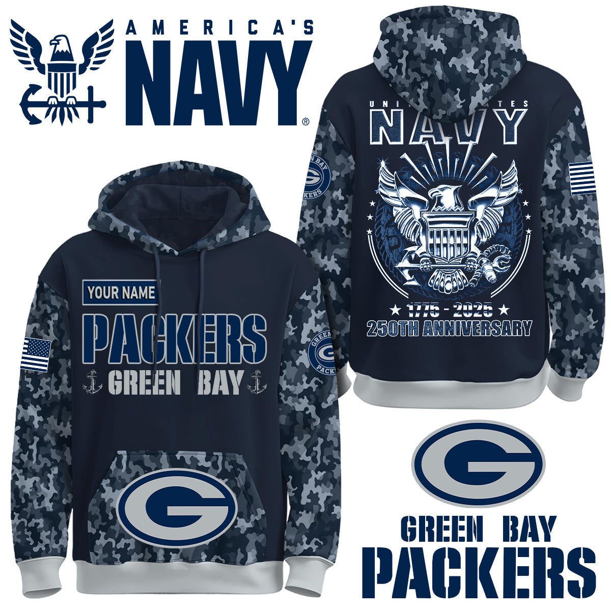 Green Bay Packers x U.S Navy 250th Birthday Anniversary-3D Unisex Hoodie
