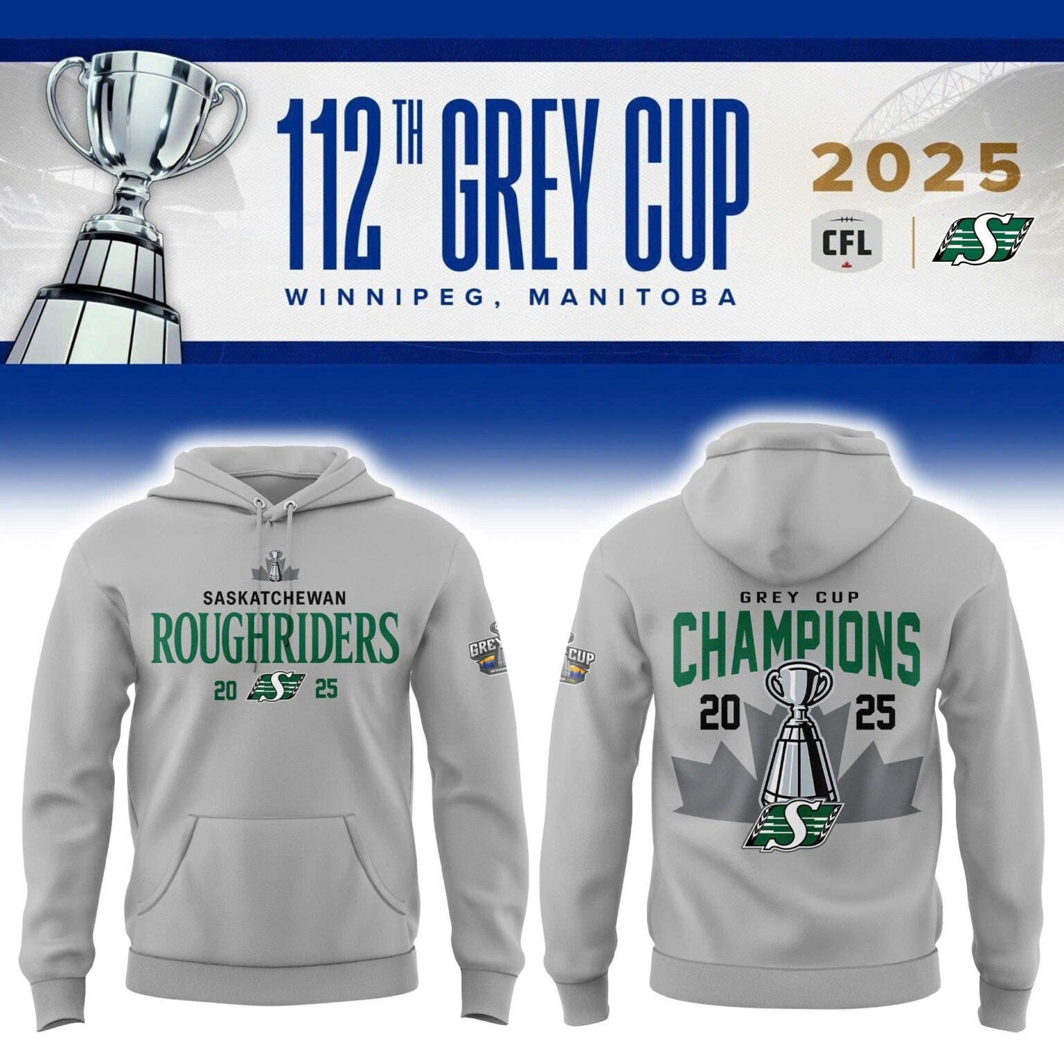 Limited Edition Roughriders 2025 Grey Cup Champions Hoodie-AB1711257007
