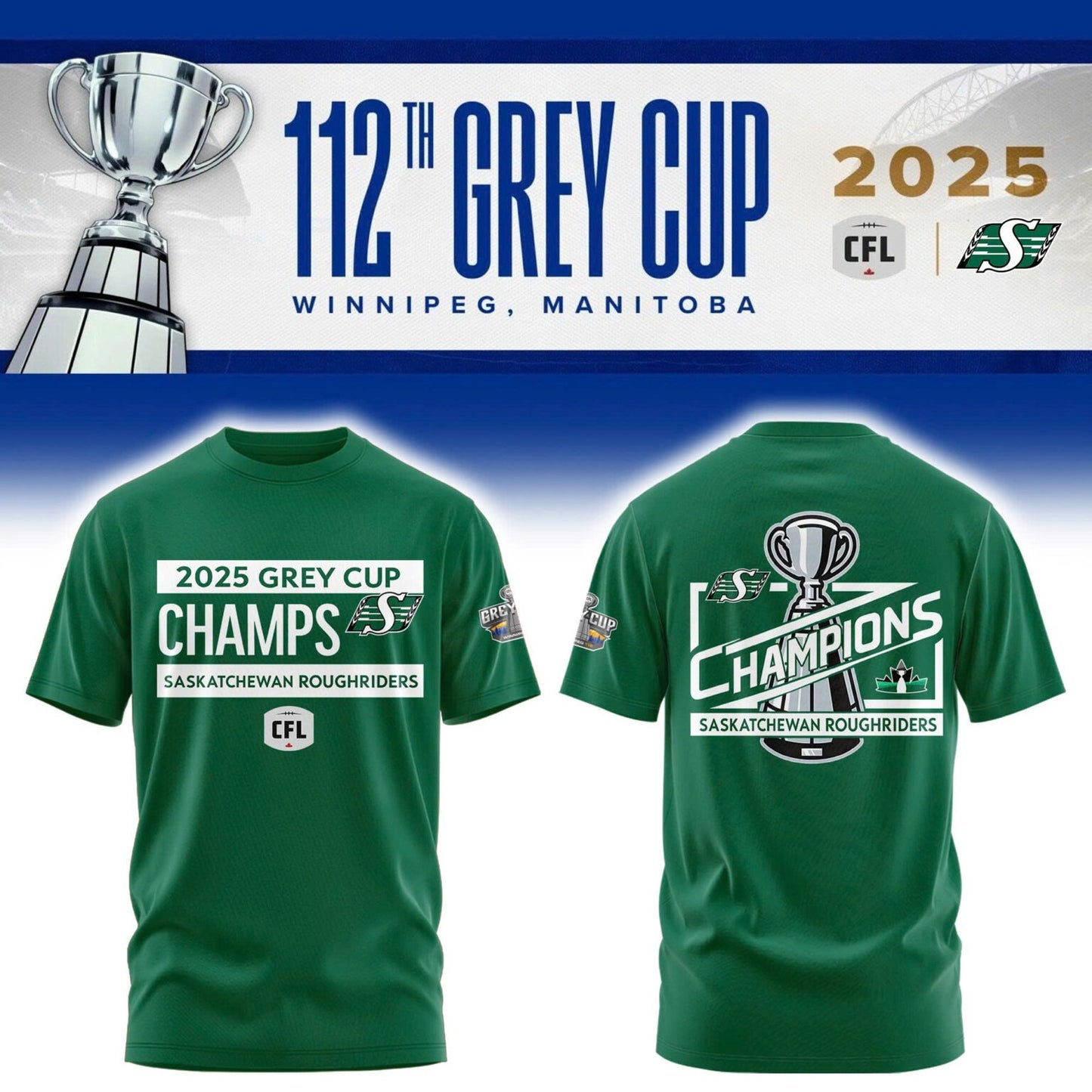 Limited Edition Roughriders 2025 Grey Cup Champions Shirt-AB1711257010