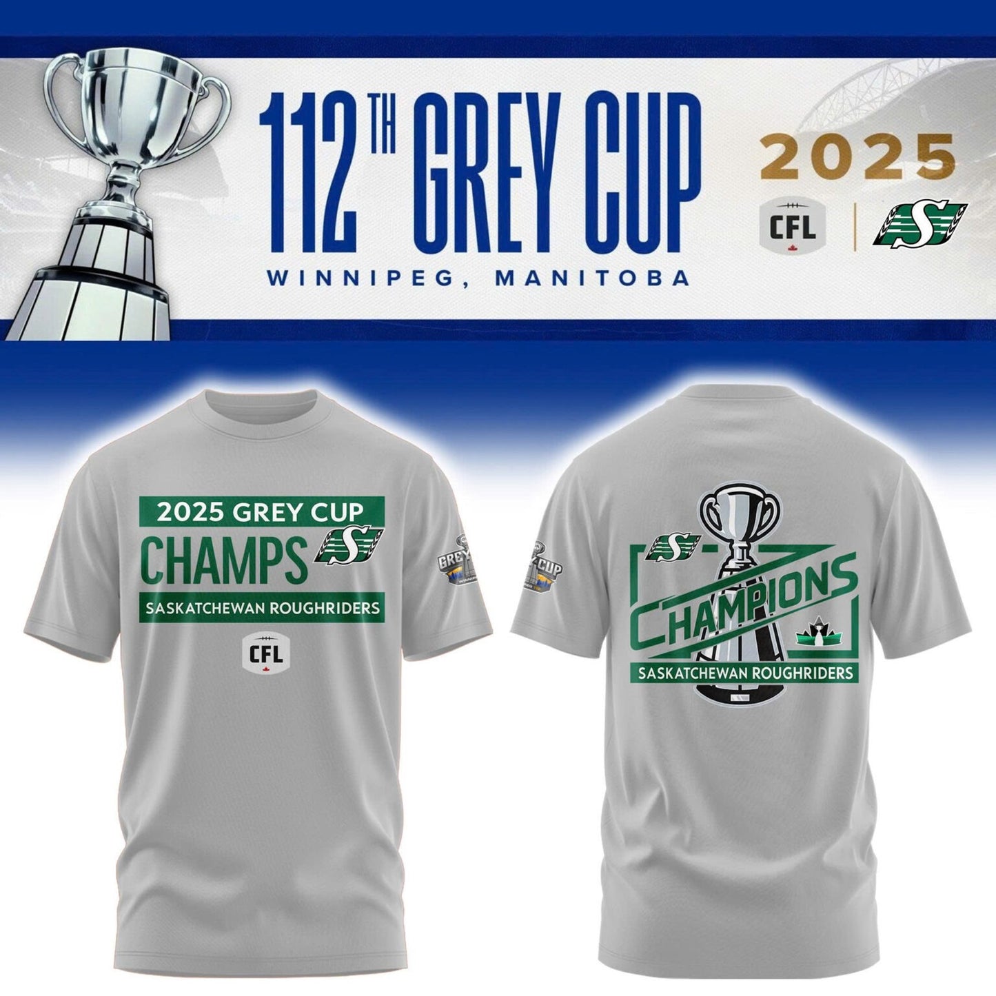 Limited Edition Roughriders 2025 Grey Cup Champions Shirt-AB1711257012