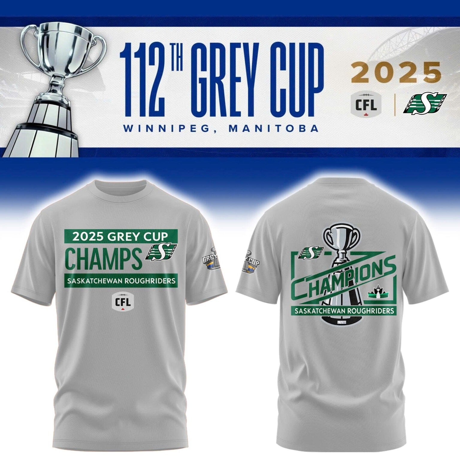 Limited Edition Roughriders 2025 Grey Cup Champions Shirt-AB1711257012