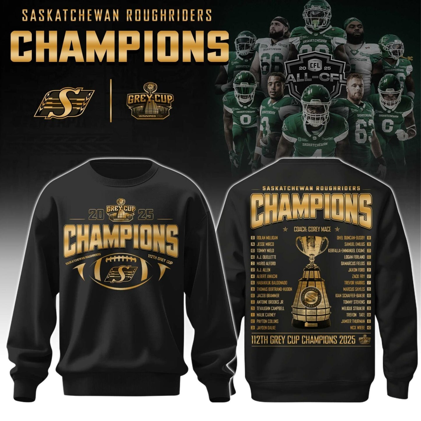 Limited Edition Roughriders 2025 Grey Cup Champions Sweatshirt-AB1711257023