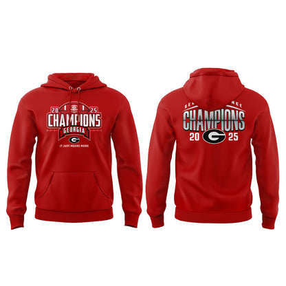 . Georgia Bulldogs 2025 SEC Football Champions Red Hoodie V2