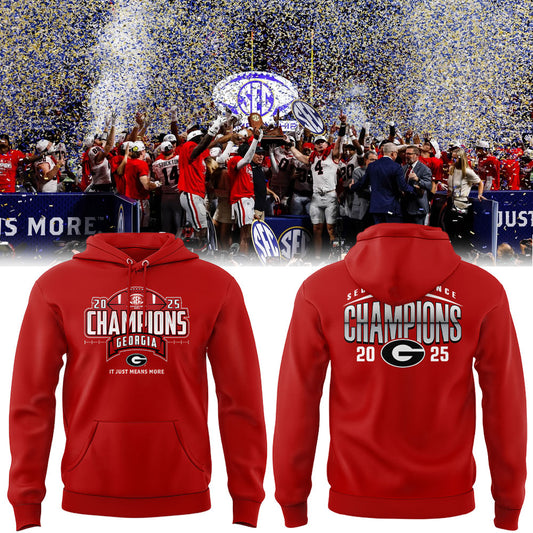 . Georgia Bulldogs 2025 SEC Football Champions Red Hoodie V2