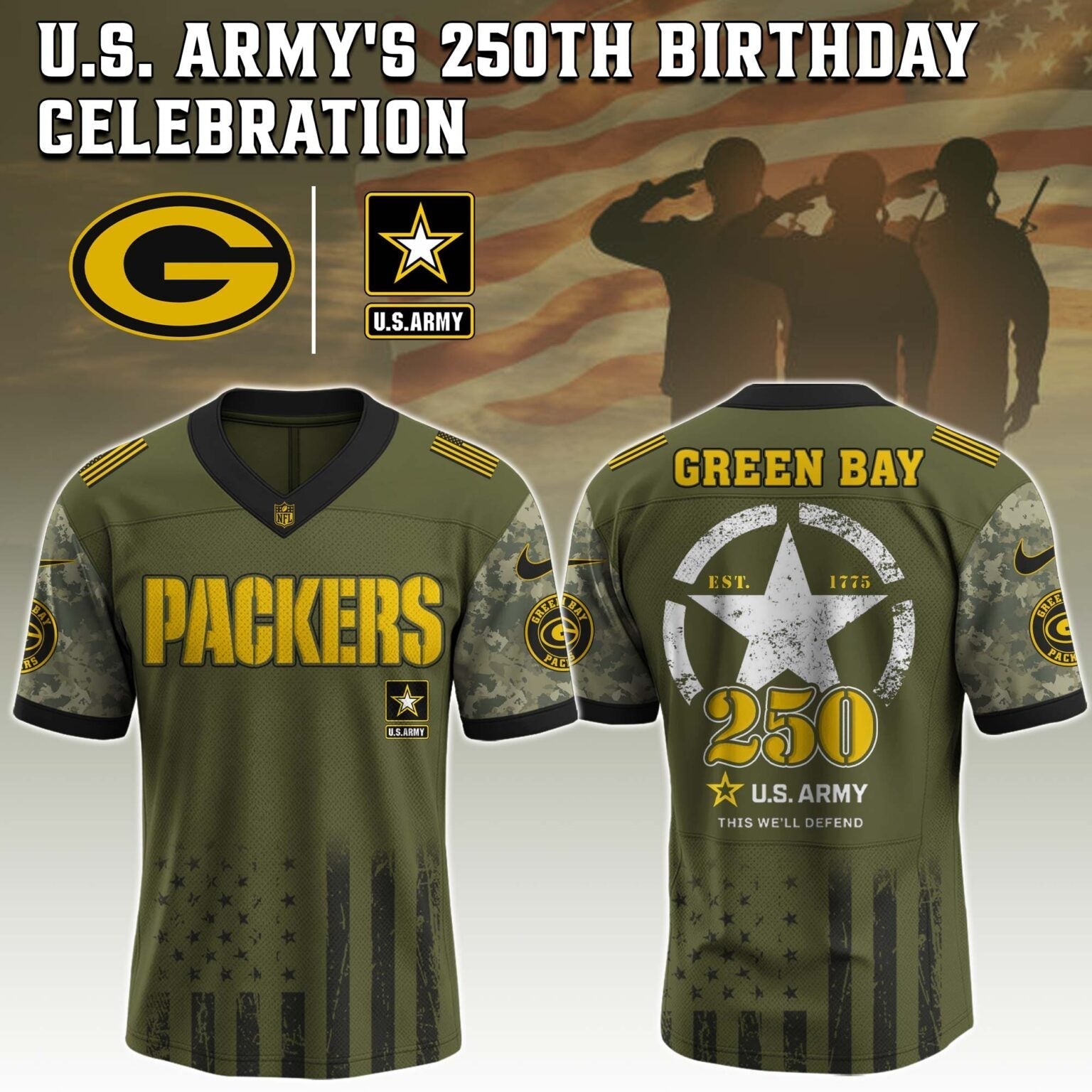 Green Bay Packers x U.S. ARMY'S 250TH Birthday Special Edition Jersey - Tycheco
