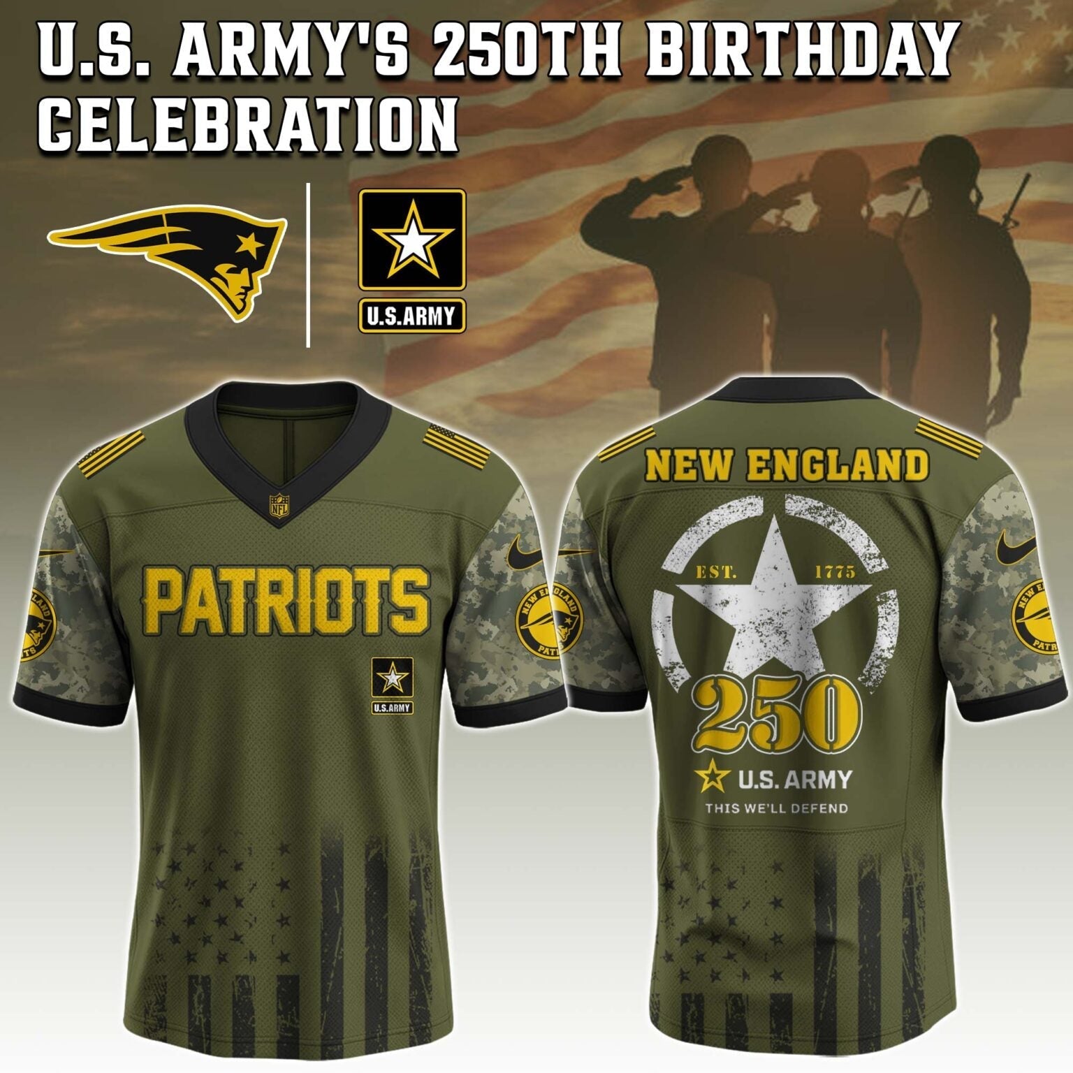 New England Patriots x U.S. ARMY'S 250TH Birthday Special Edition Jersey - Tycheco