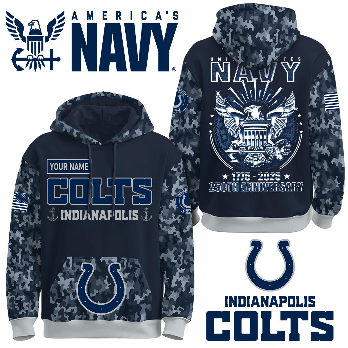 Indianapolis Colts x U.S Navy 250th Birthday Anniversary-3D Unisex Hoodie