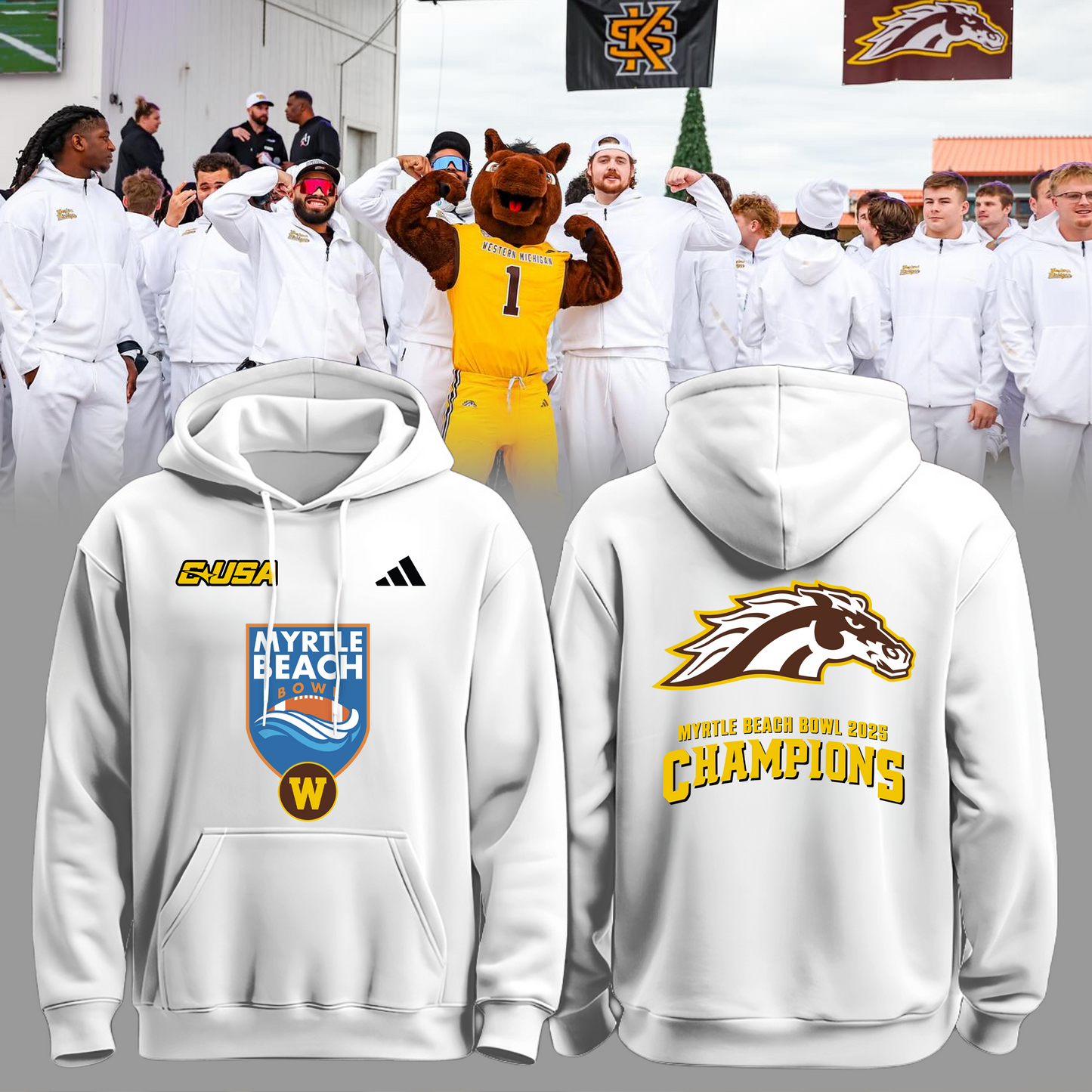 🏆MYRTLE BEACH BOWL CHAMPS! - Western Michigan Football Hoodie Champions - White - All Cotton - Unisex